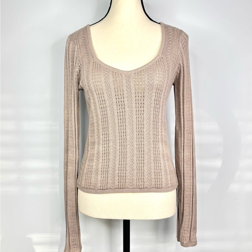 Hollister Open Knit Scoop‎ Neck Y2K Long Sleeve Sweater Neutral Tan Beige Medium